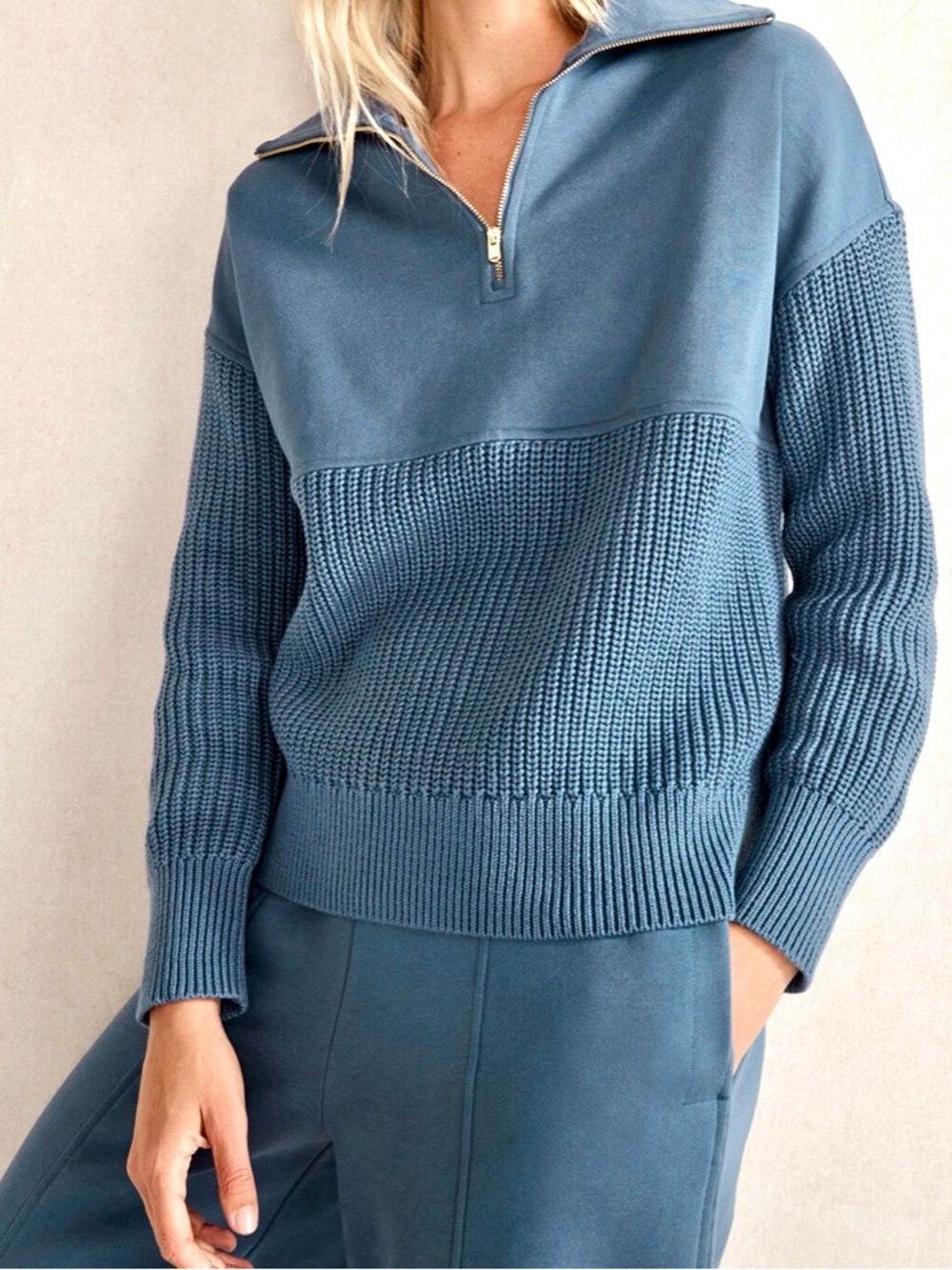 Haven Well Within Organic Cotton Terry Mixed Media Half Zip Sweater Blue S Fit